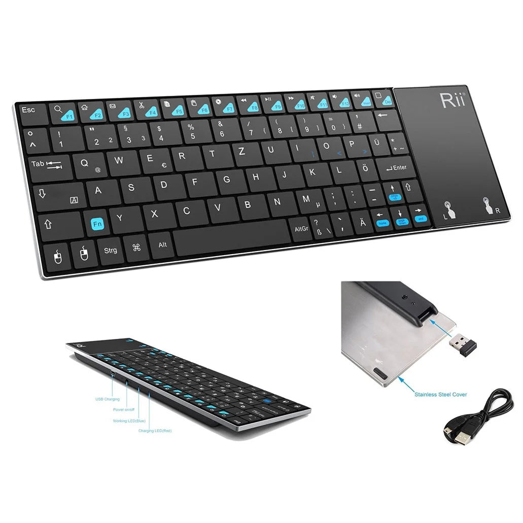 Mini K12 Stainless Steel Cover Wireless Keyboard with Built-In Large Size Touchpad and Rechargable Li-Ion Battery